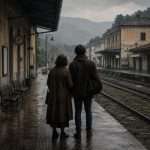 Aspettando il treno con sua madre in una stazione ferroviaria vuota