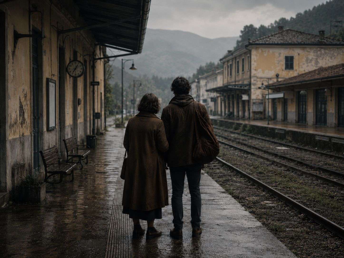 Aspettando il treno con sua madre in una stazione ferroviaria vuota